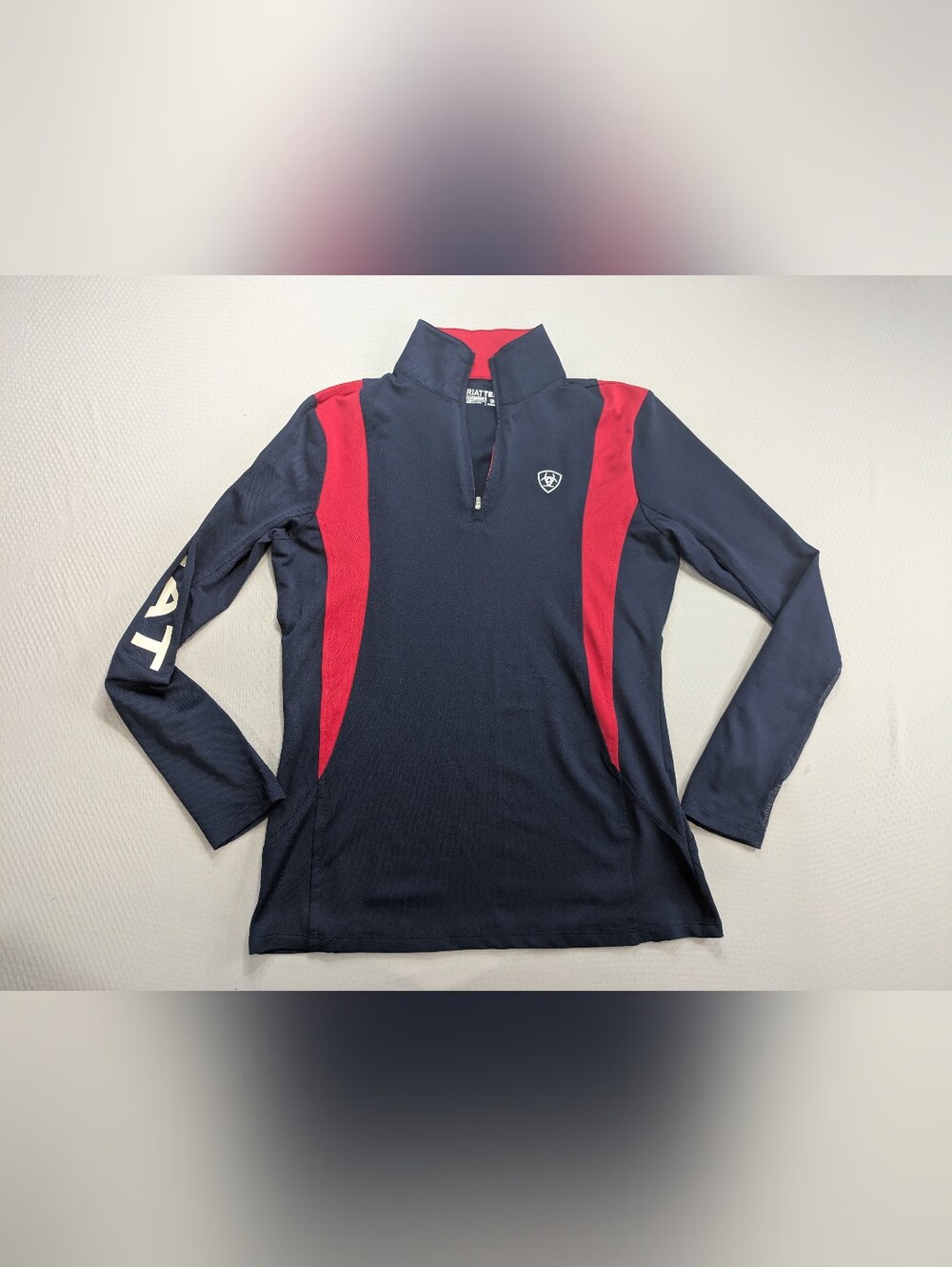 Ariat Tek Womens Sz S Sunstopper UPF Navy Blue Red Heat Series Quarter Zip Shirt